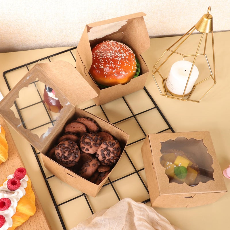 NPLUX 50pcs Cookie Boxes with Window Bakery Boxes Small Treat Boxes Mini Pie Boxes Pastry Boxes 4x4x2.5in(Brown) - Image 3